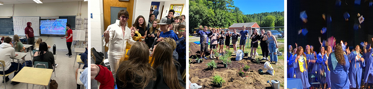 Photo collage of students engaged in fun learning activites and graduation